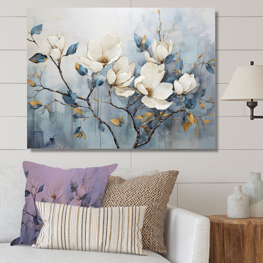 Elegant White and Blue Magnolias Tranquility - Print on Canvas